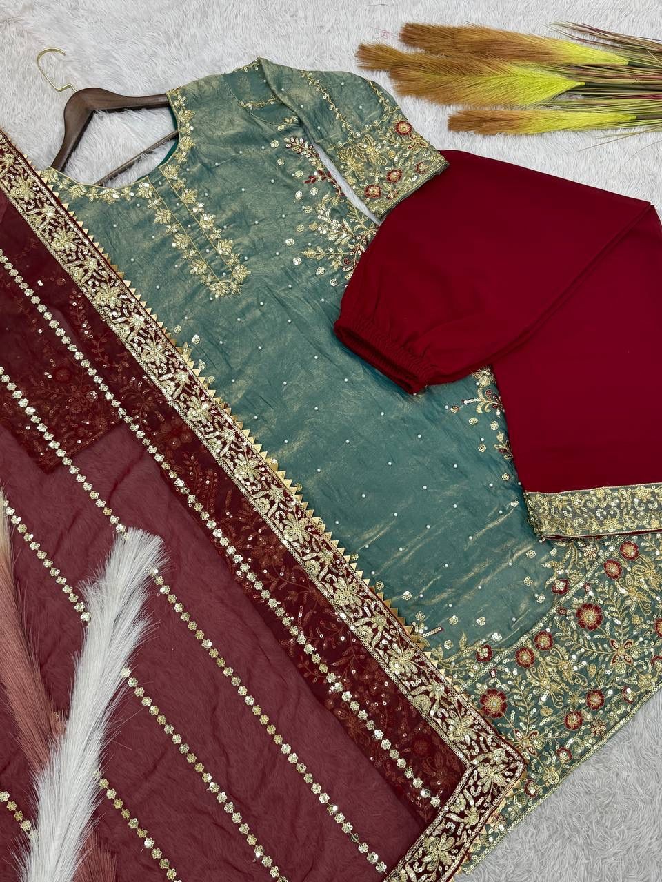 PARTYWEAR STRAIGHT KURTA PLAZZO AND DUPATTA SET