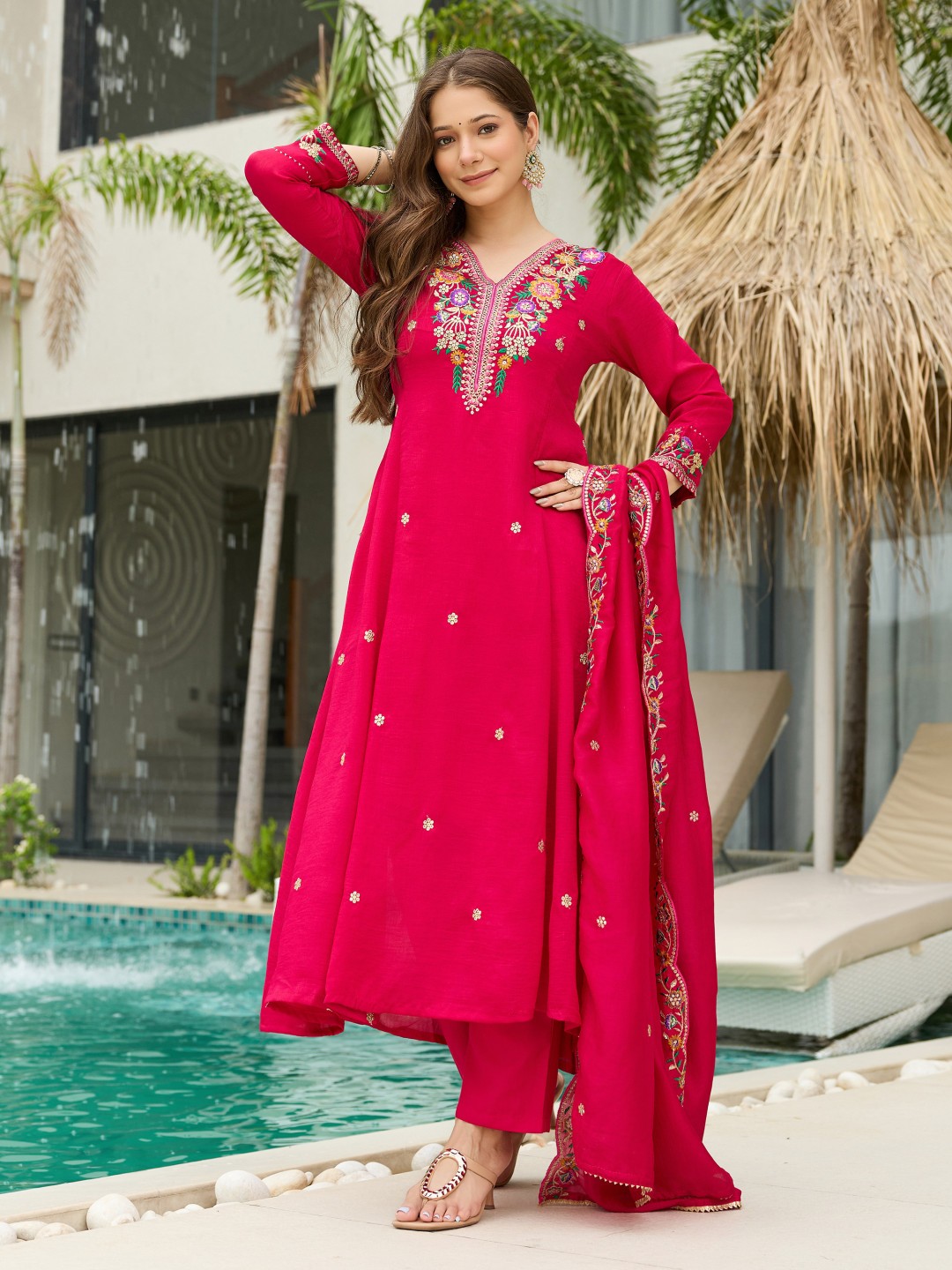 Pink color soft vichitra silk kurta and pant set with embroidered work dupatta