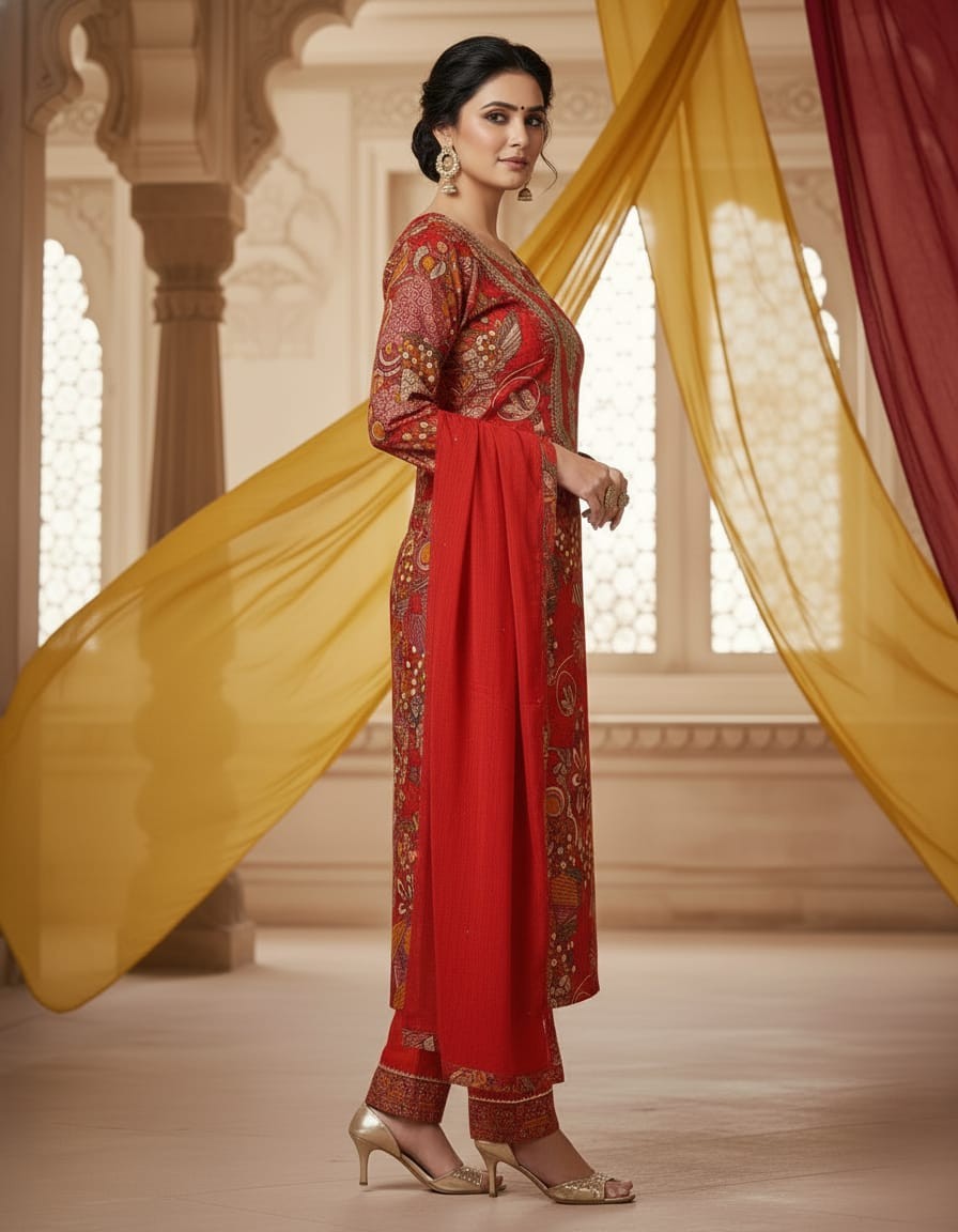 women red printed kurta pant set with dupatta